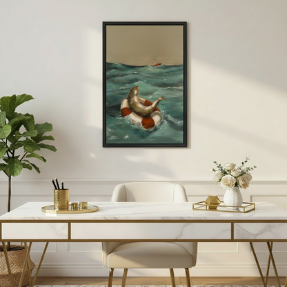 Whimsical fish life ring vintage framed canvas print hanging above marble desk in elegant home office