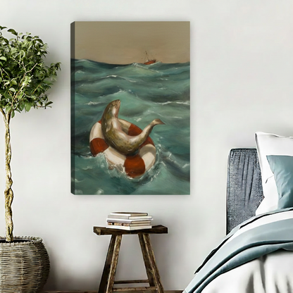 Frameless gallery wrap canvas of whimsical fish floating on life ring in stormy ocean waves hung in bedroom setting
