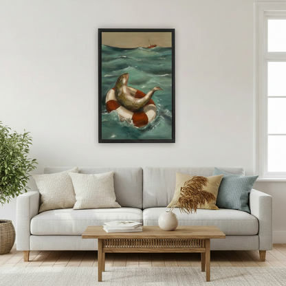 Vintage whimsical fish on red and white life ring ocean canvas wall art above sofa in bright Scandinavian living room