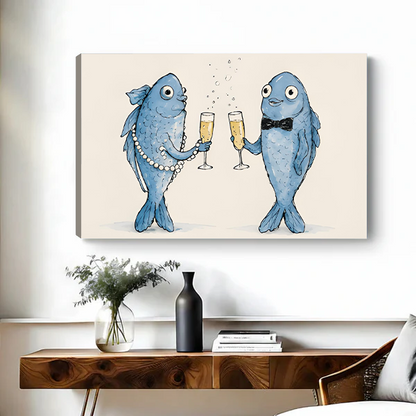 Framed whimsical fish toast canvas wall art hangs above a bed, showing two blue fish with sparkling glasses.