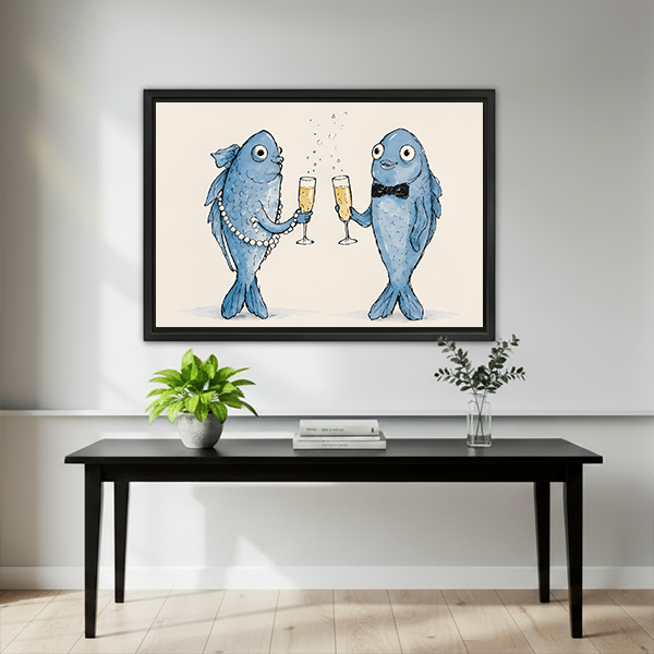 Whimsical fish toast canvas wall art in a black frame hangs over a dark table with plants.