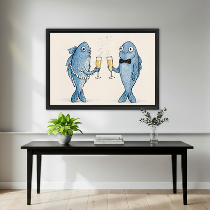 Whimsical fish toast canvas wall art in a black frame hangs over a dark table with plants.
