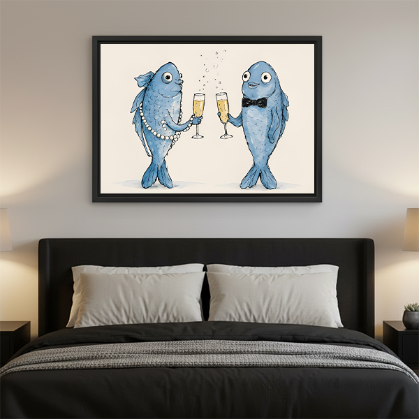 A woman holds framed whimsical fish toast canvas wall art featuring two blue fish raising golden drinks.