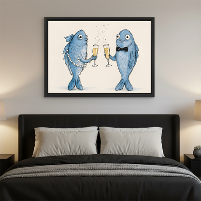 A woman holds framed whimsical fish toast canvas wall art featuring two blue fish raising golden drinks.