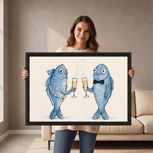 Gallery-wrap whimsical fish toast canvas wall art above a console depicts two blue fish toasting on ivory.