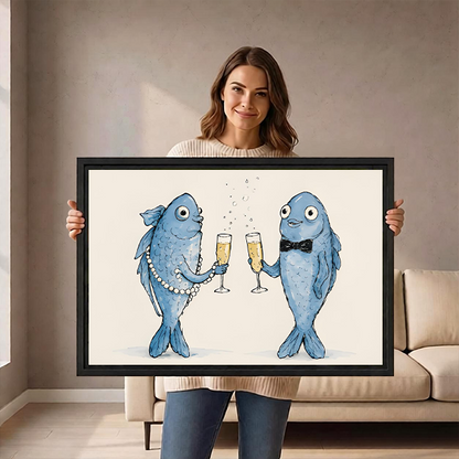 Gallery-wrap whimsical fish toast canvas wall art above a console depicts two blue fish toasting on ivory.