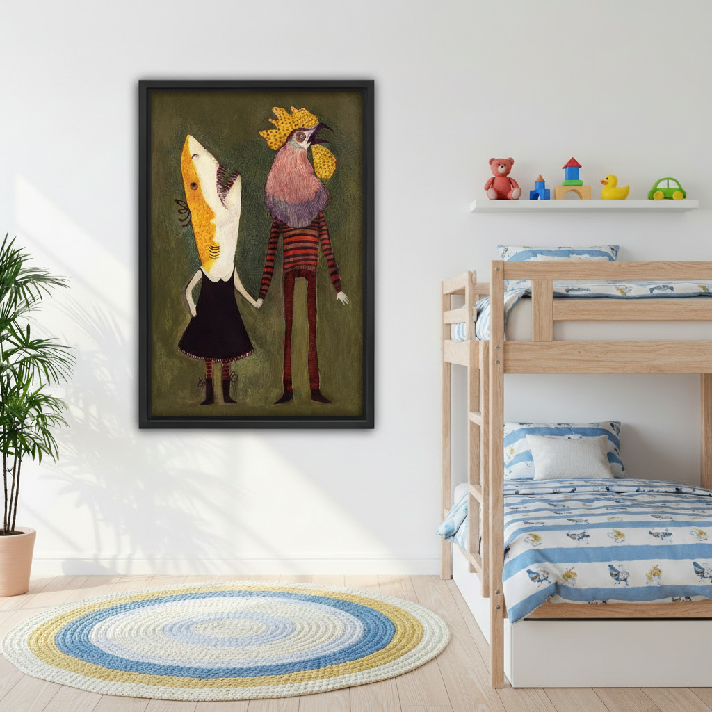 Whimsical folk art couple canvas wall art in black frame on kids room wall beside wooden bunk bed with round rug