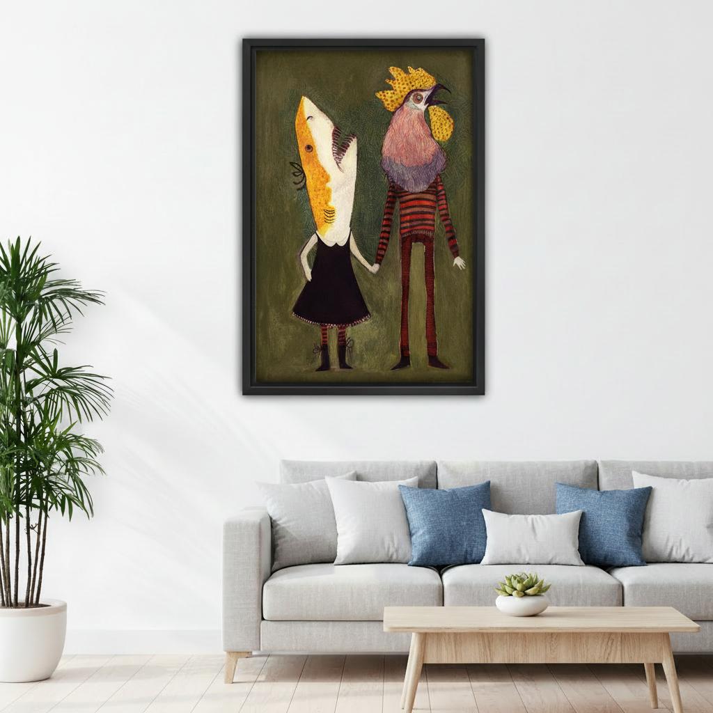 Whimsical folk art couple framed canvas print on white wall above gray sofa with blue pillows in modern living room