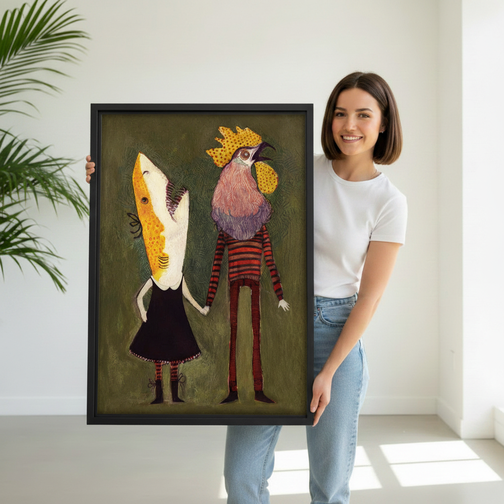 Smiling woman holding large whimsical folk art couple framed canvas wall art showing size in bright white studio