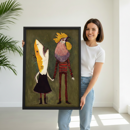 Smiling woman holding large whimsical folk art couple framed canvas wall art showing size in bright white studio