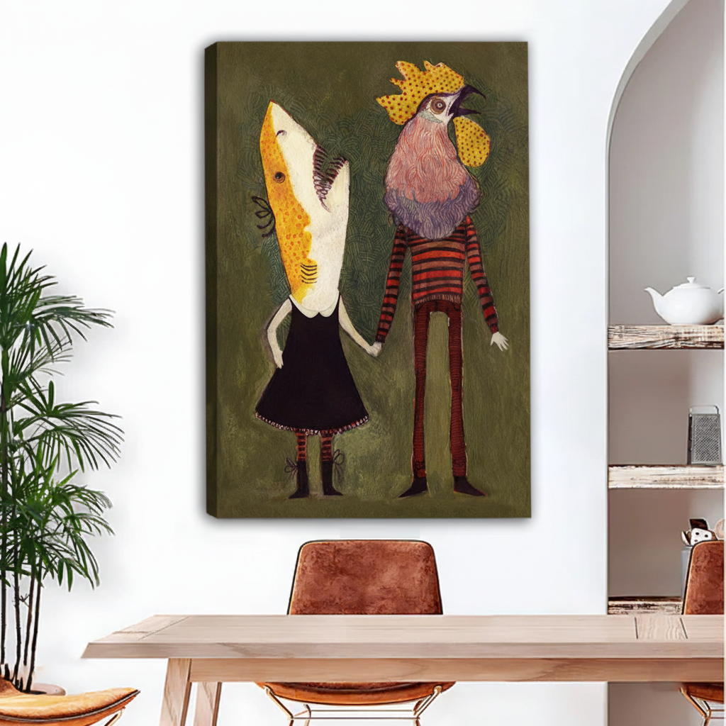 Whimsical folk art couple gallery-wrap canvas wall art without frame displayed above wooden dining table in airy room