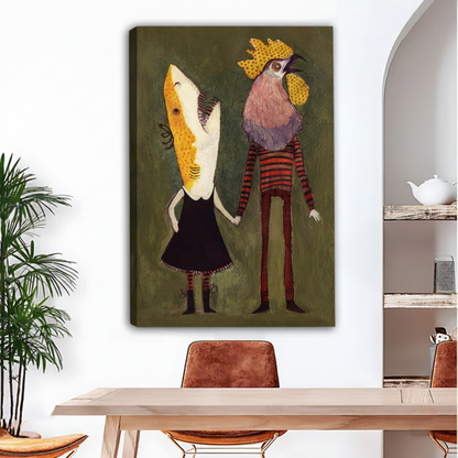 Whimsical folk art couple gallery-wrap canvas wall art without frame displayed above wooden dining table in airy room