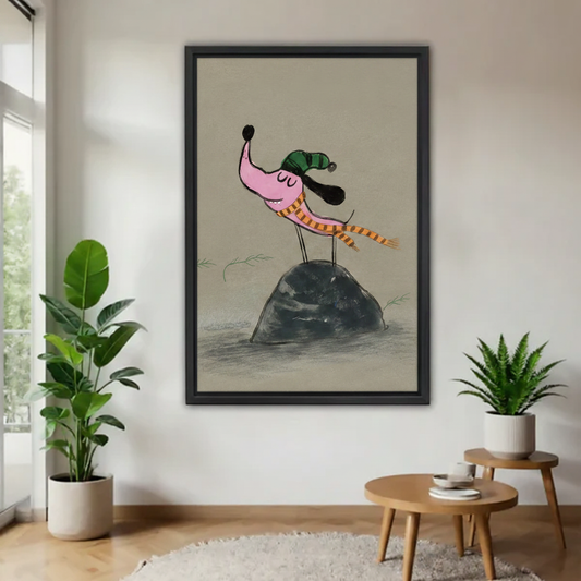 Whimsical dog naive art canvas print in black frame above cream sofa in bright modern living room