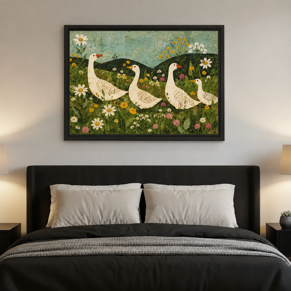 Whimsical folk art goose meadow canvas wall art hangs above a bed in a softly lit bedroom.