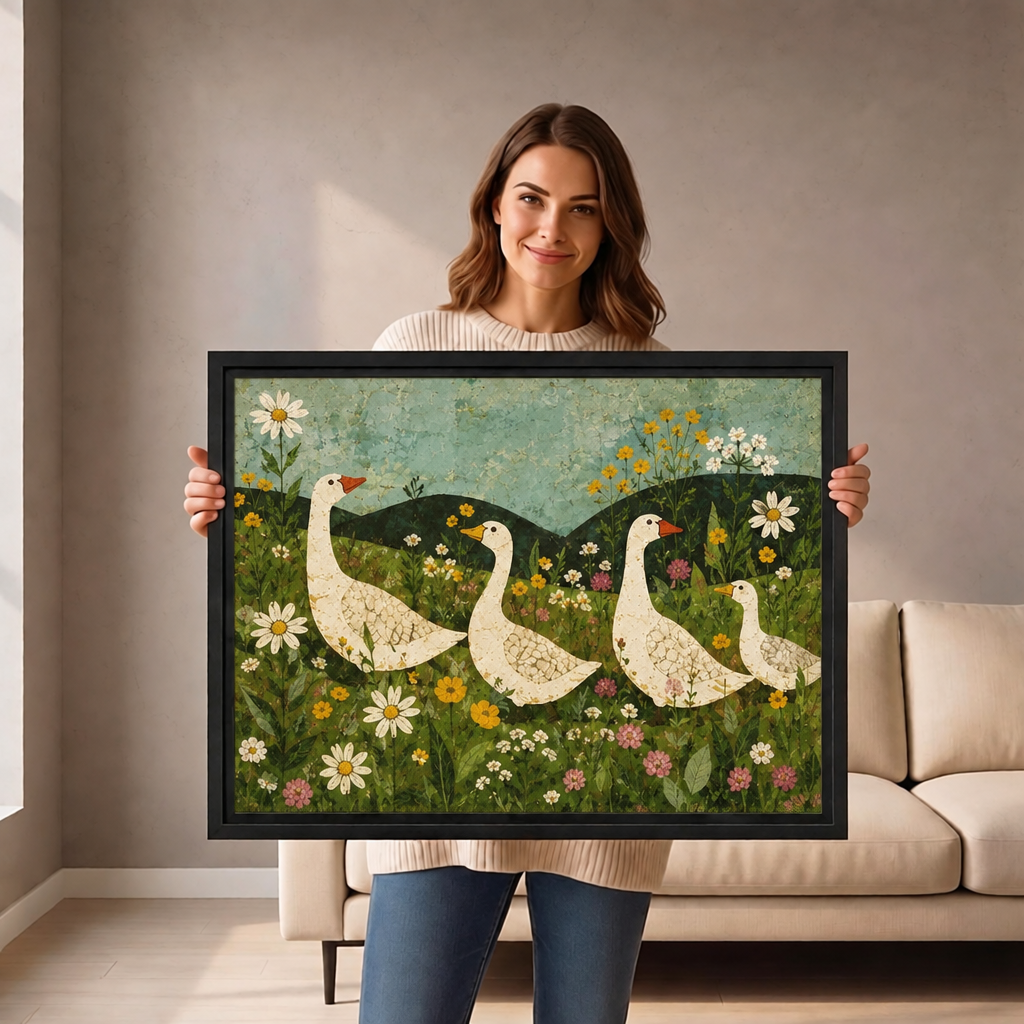 A woman holds framed whimsical folk art goose meadow canvas wall art with four geese and bright meadow flowers.