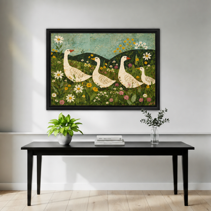 Framed whimsical folk art goose meadow canvas wall art decorates a living room wall above a console table.