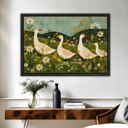 Whimsical folk art goose meadow canvas wall art in a black frame shows four geese among colorful wildflowers.