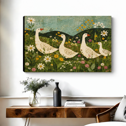 Gallery-wrap whimsical folk art goose meadow canvas wall art features four geese walking through a flower-filled landscape.