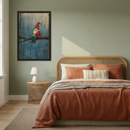 Whimsical forest gnome canvas wall art in a black frame beside a bed with rust-colored bedding and woven headboard.