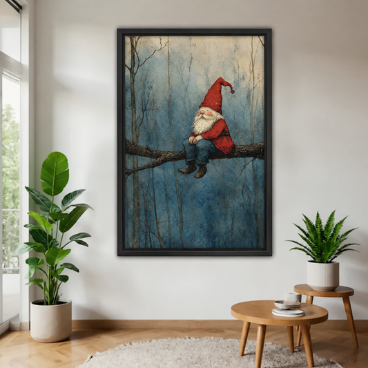  Black-framed whimsical forest gnome canvas wall art featuring a red-hatted gnome, displayed between potted plants near wooden tables.