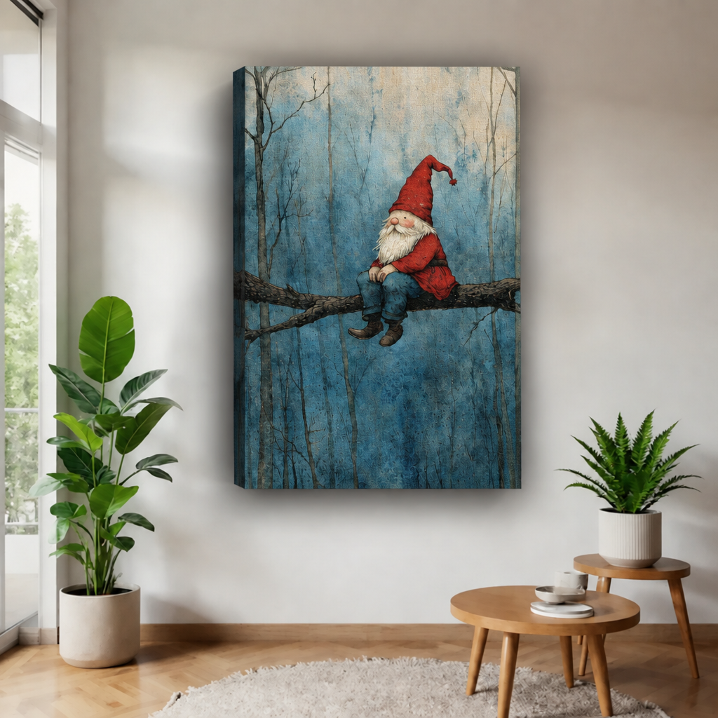 Whimsical forest gnome canvas wall art without an outer frame, displaying a misty blue woodland between potted plants.