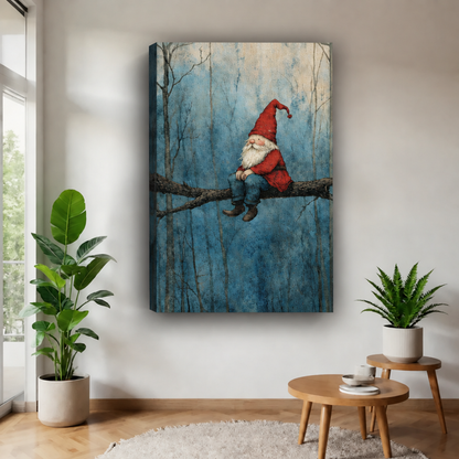 Whimsical forest gnome canvas wall art without an outer frame, displaying a misty blue woodland between potted plants.