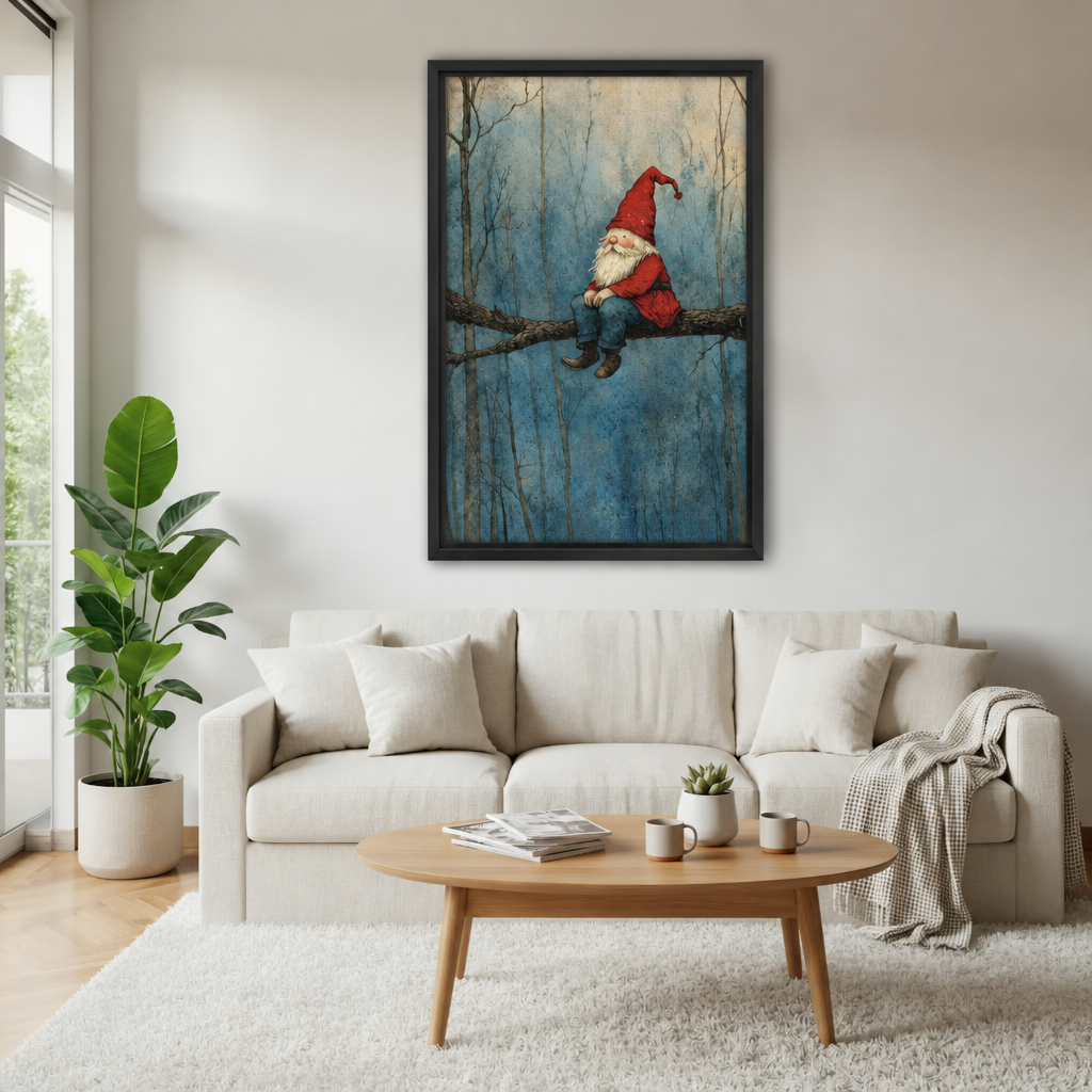 Black-framed whimsical forest gnome canvas wall art above a cream sofa, with a wooden coffee table and potted plant.
