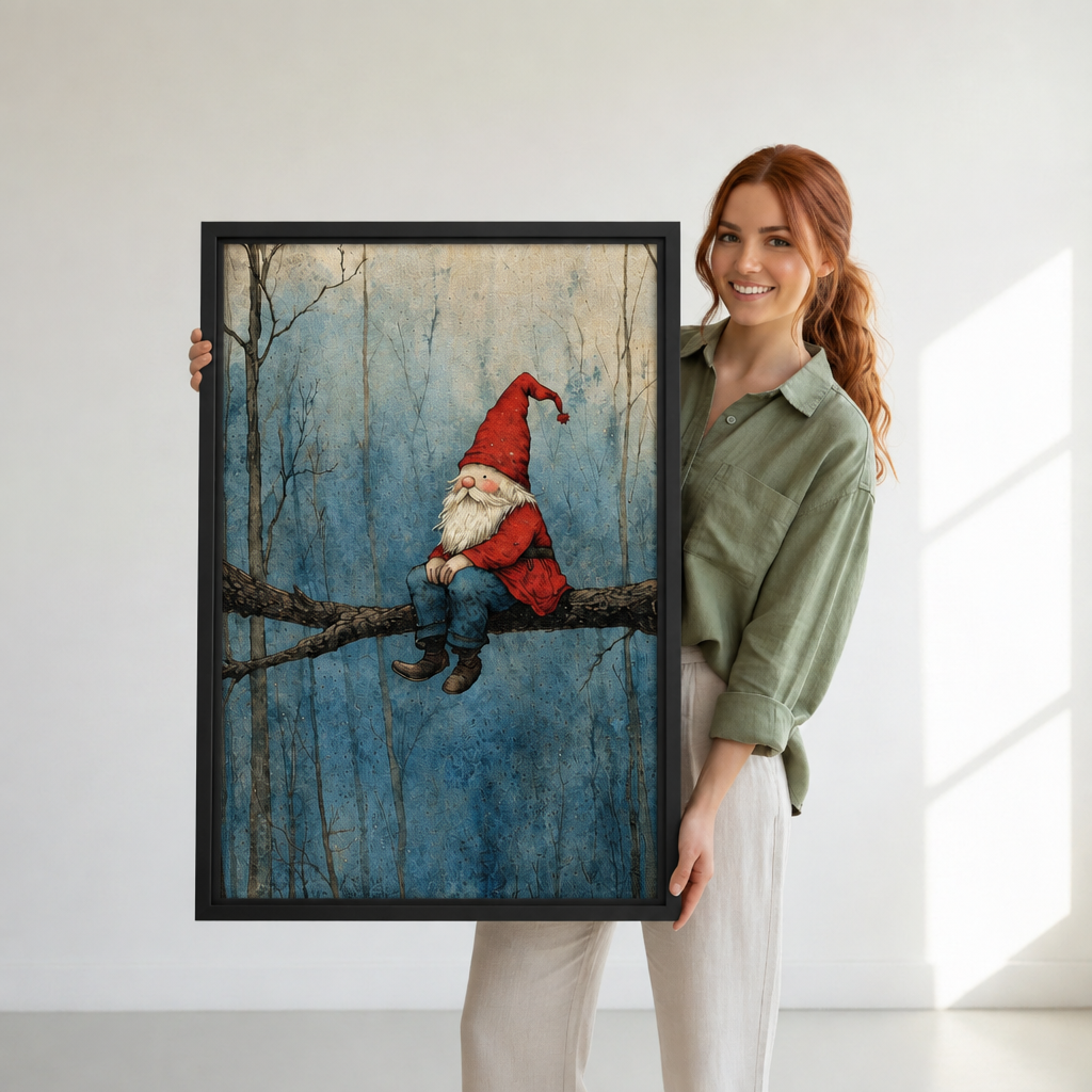 Woman holding black-framed whimsical forest gnome canvas wall art showing a white-bearded gnome seated on a blue woodland branch.