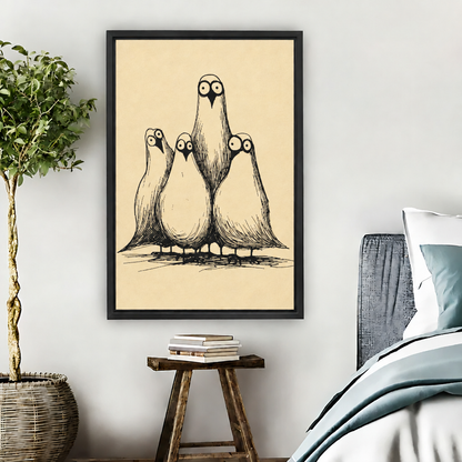 Black-framed whimsical four birds canvas wall art on a cream background beside a bed and potted tree.