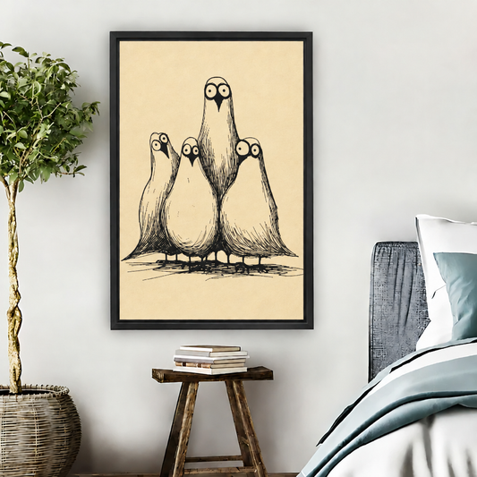 Black-framed whimsical four birds canvas wall art on a cream background beside a bed and potted tree.