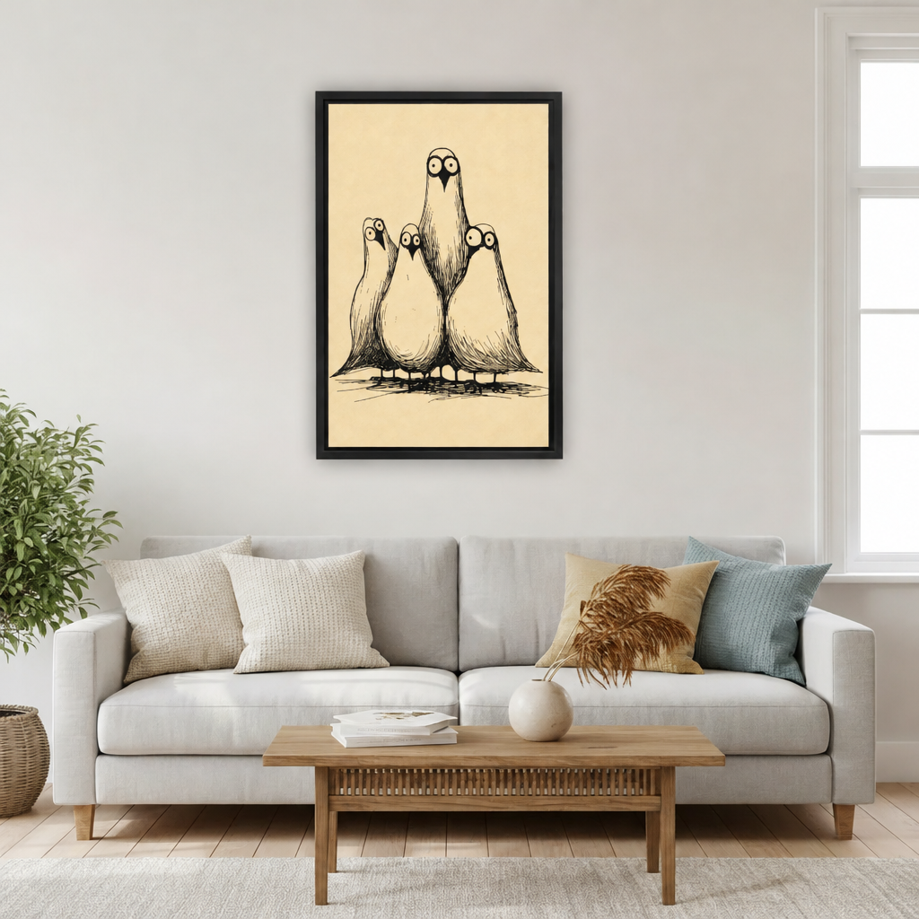 Whimsical four birds canvas wall art in a black frame above a light gray sofa and wooden coffee table.
