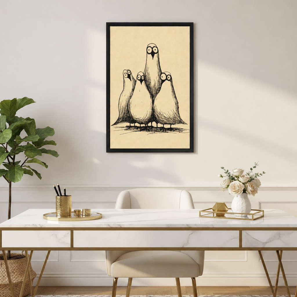  Black-framed whimsical four birds canvas wall art hanging above a white and gold desk with flowers.