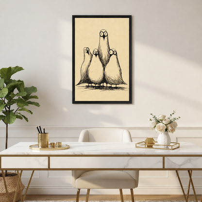  Black-framed whimsical four birds canvas wall art hanging above a white and gold desk with flowers.