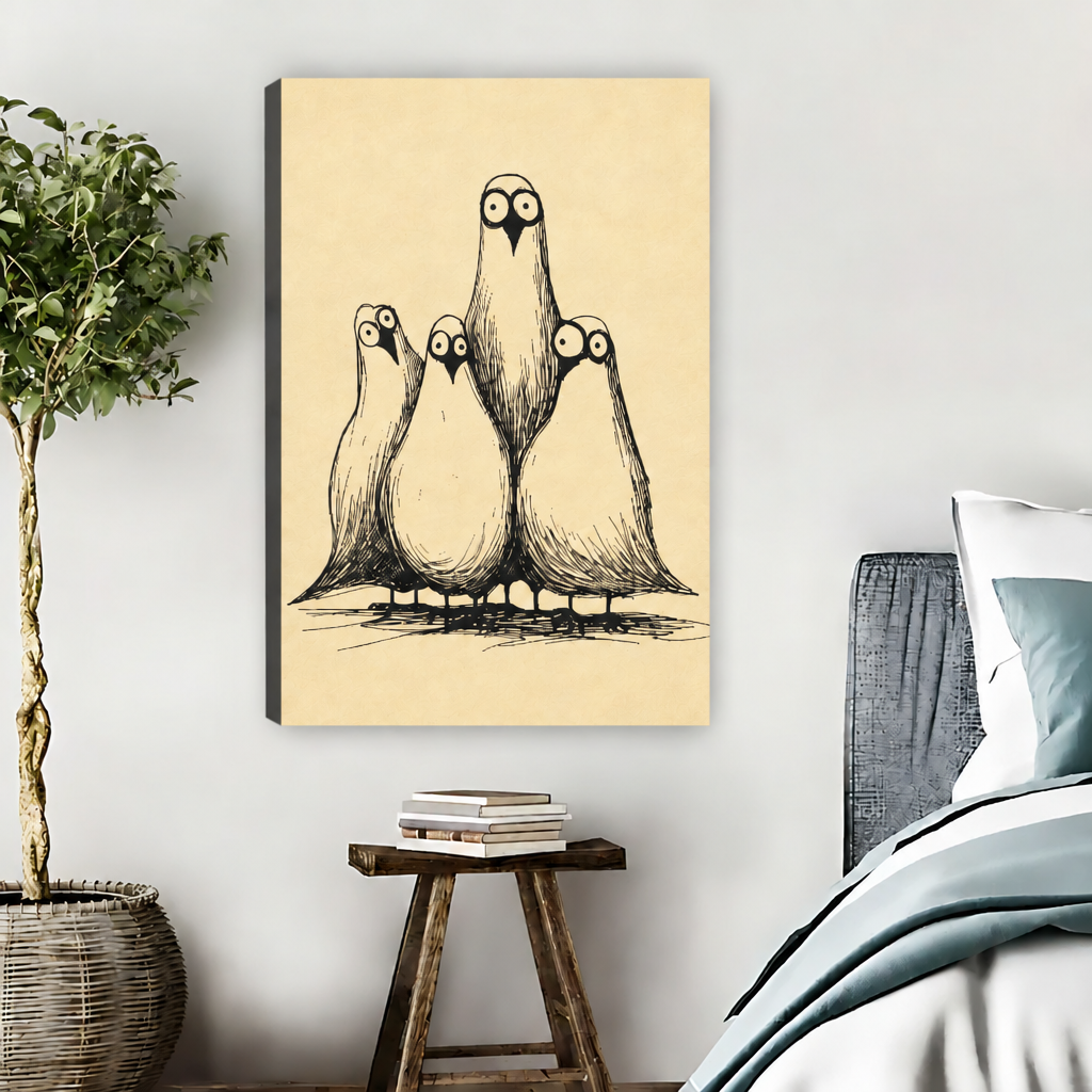  Unframed whimsical four birds canvas wall art displayed beside a bed above a wooden stool with books.