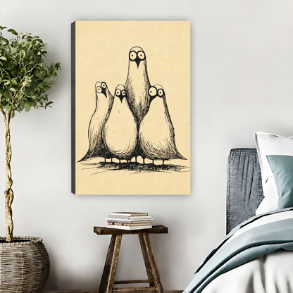  Unframed whimsical four birds canvas wall art displayed beside a bed above a wooden stool with books.