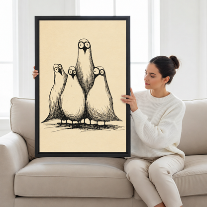 Woman seated on a beige sofa holding black-framed whimsical four birds canvas wall art with playful sketch lines.