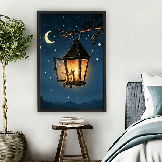 Whimsical fox pair vintage lantern framed canvas bedroom wall art starry night fantasy print