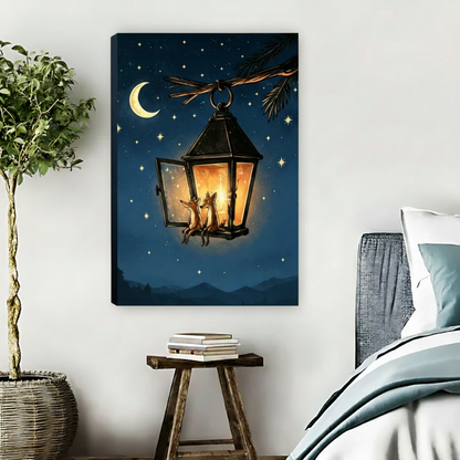 Two foxes glowing lantern gallery wrap canvas bedroom wall art dreamy night sky frameless print