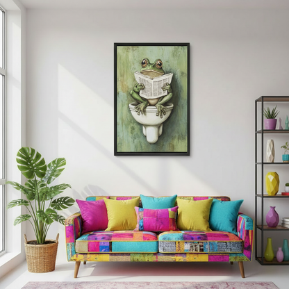 Whimsical frog bathroom canvas wall art adding playful character above a colorful modern living room sofa