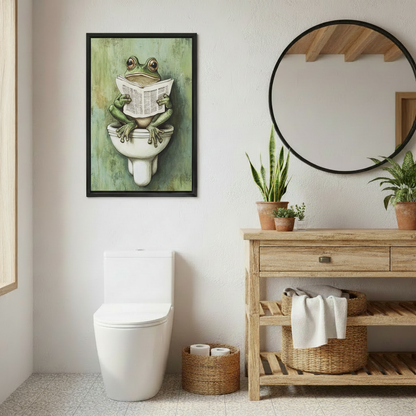 Whimsical frog bathroom canvas wall art beside a round mirror and rustic console in a stylish bathroom