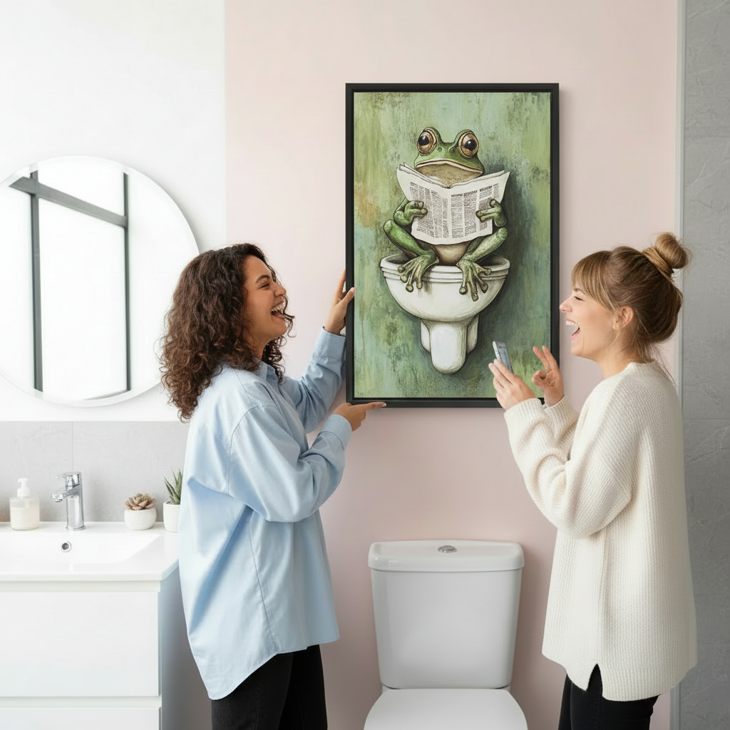 Whimsical frog bathroom canvas wall art displayed in a bright bathroom while two women admire the framed newspaper-reading frog