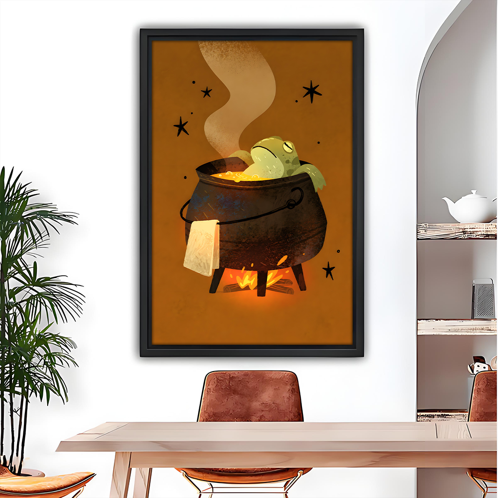 Whimsical frog cauldron canvas wall art framed beside a bunk bed in a playful bedroom.