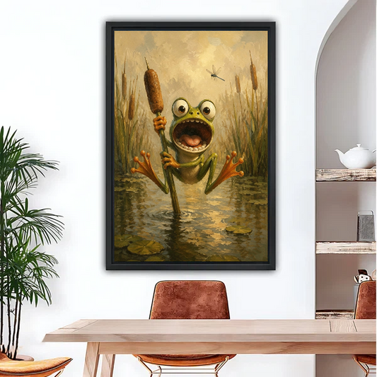 Whimsical frog oil painting black framed canvas wall art above wooden dining table with arch doorway