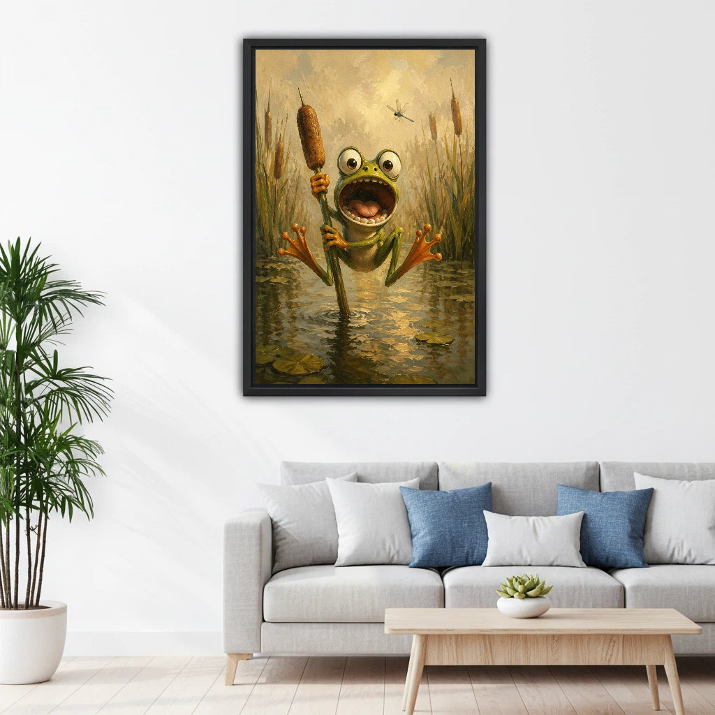 whimsical frog marsh oil painting black framed print displayed above light grey living room sofa