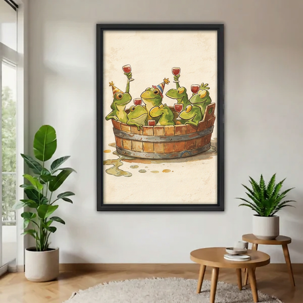 Black-framed whimsical frog party wall art hanging between leafy plants beside round wooden tables in a bright room.