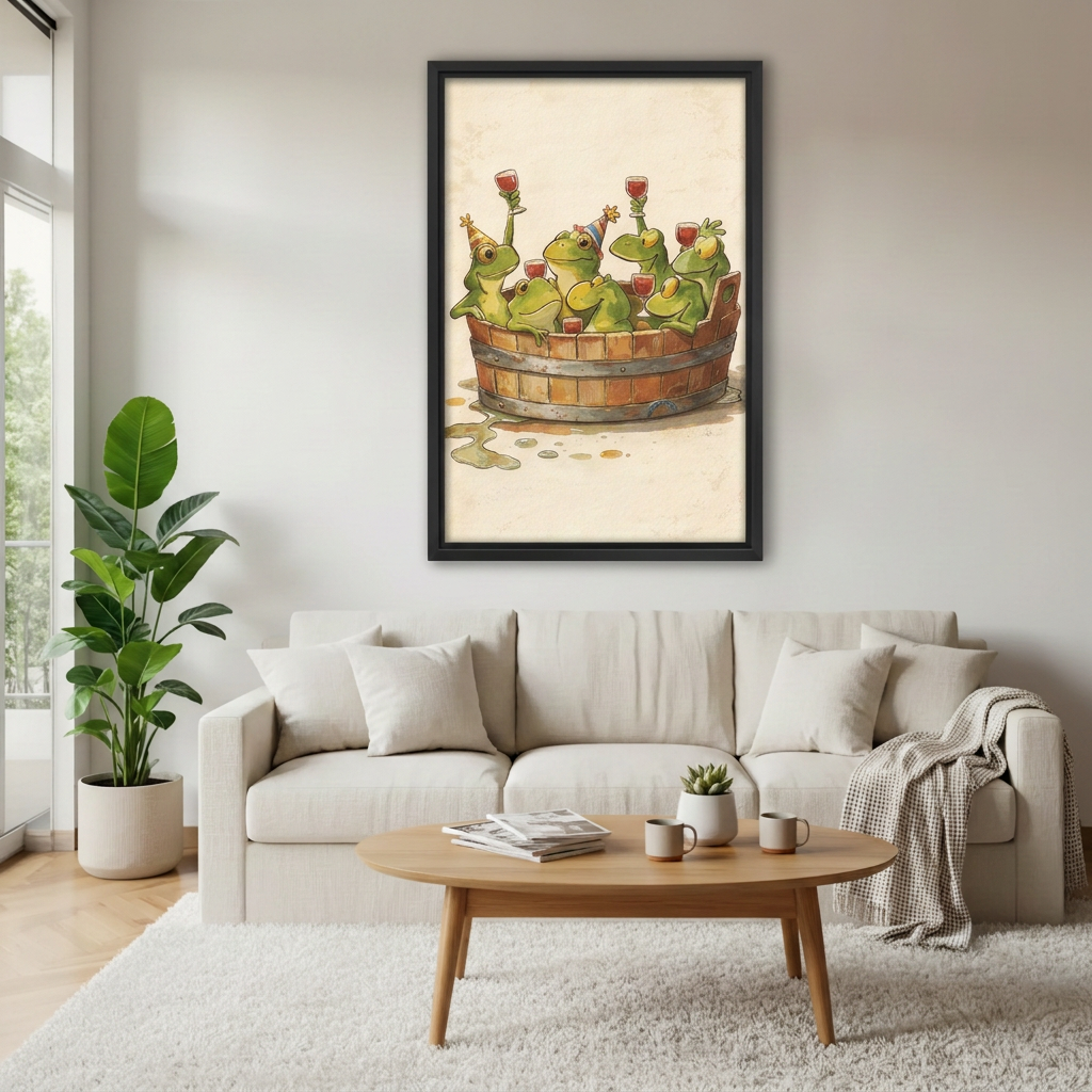 Whimsical frog party wall art displayed above a cream sofa with a wooden coffee table and leafy plant.