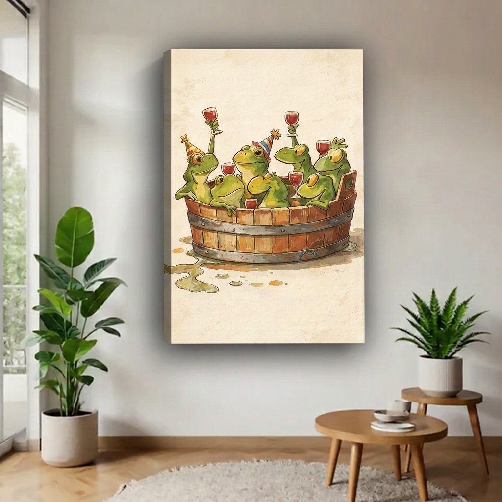 Unframed gallery-wrap whimsical frog party wall art showing celebrating frogs in a wooden tub, displayed beside plants.