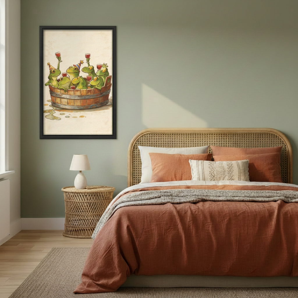 Whimsical frog party wall art in a black frame beside a rattan bed with terracotta bedding.