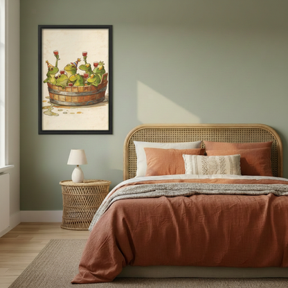 Whimsical frog party wall art in a black frame beside a rattan bed with terracotta bedding.