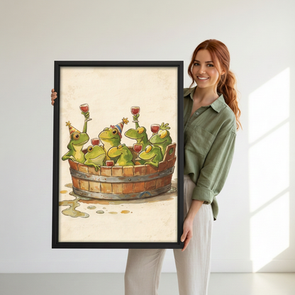 Smiling woman holding black-framed whimsical frog party wall art featuring green frogs raising wine glasses in a wooden tub.